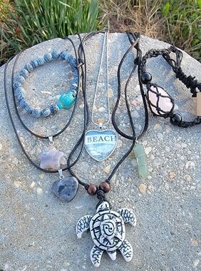 Handcrafted  Set Of 7 Boho Turtle & Stone Pendant Necklaces, Bracelets.